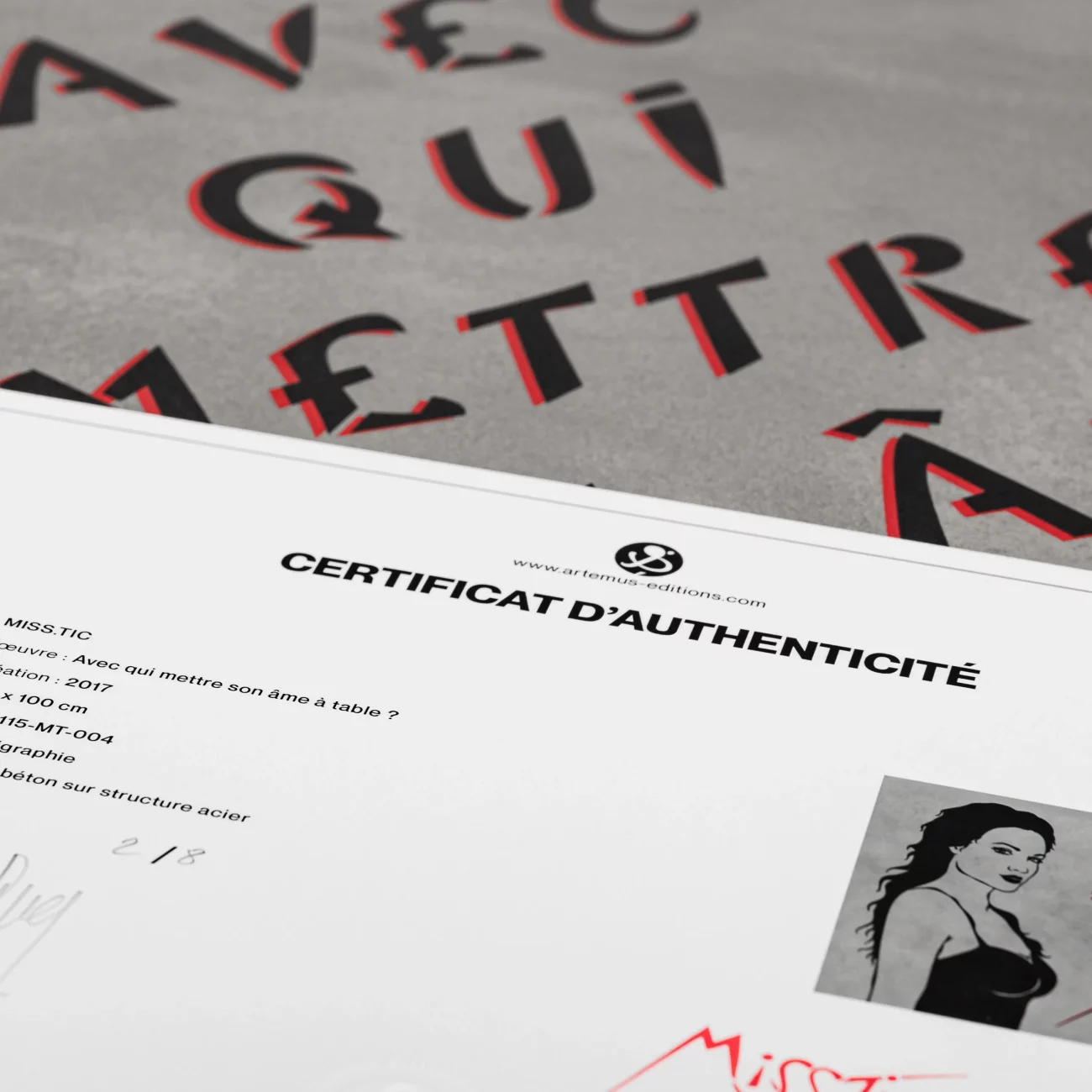 certificat d'authenticité de la Table basse en béton sérigraphiée par Miss.Tic - Avec qui mettre son âme à table